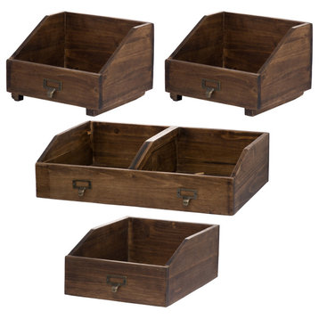 Benzara BM285546 10" Fir Wood Box, 4-Piece Set With Metal Handles, Antique Brown