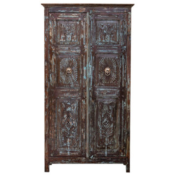Consigned Rustic Vintage Armoire, Sunrays Hand-carved Tall Reclaimed Wardrobe