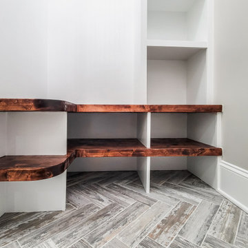 Custom Mudroom Bench with Rich Wood Seating and Cubbies