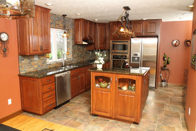 Mid-sized minimalist u-shaped eat-in kitchen photo in Other with a double-bowl sink, medium tone wood cabinets, stainless steel appliances and an island