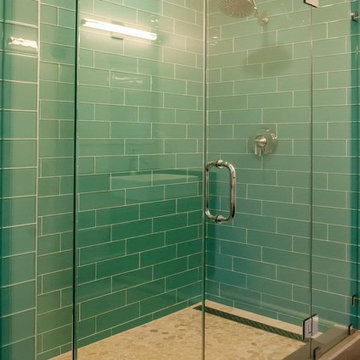Master Shower - Turquoise Brick Tile, and White Pebble Floor.