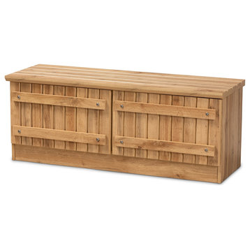 Modern Oak Brown Finished Wood 2-Door Storage Bench