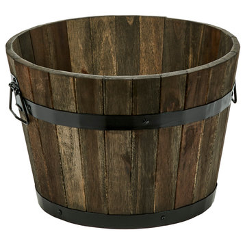 10" Wood Barrel Planter With Brown Oil