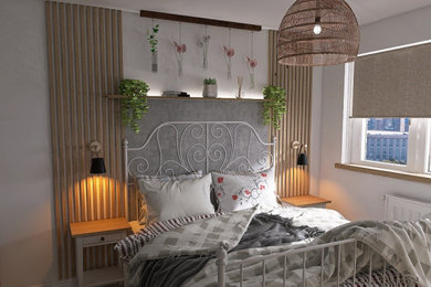 This is an example of a small eclectic master bedroom in London with white walls, carpet, beige floors and wood walls.