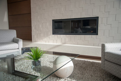 Inspiration for a large contemporary open concept porcelain tile and multicolored floor living room remodel in Edmonton with beige walls, a ribbon fireplace, a tile fireplace and a wall-mounted tv