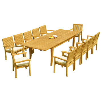 13-Piece Teak Dining Set 122" X-Large Rectangle Table, 12 Lev Stacking Arm Chair