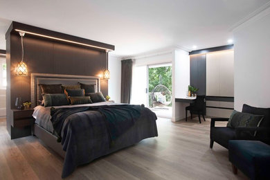 Photo of a large modern master bedroom in Sydney with white walls.