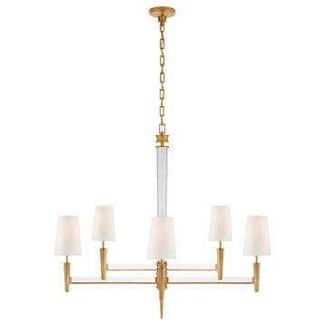 Lyra Two Tier Chandelier in Hand-Rubbed Antique Brass and Crystal with Linen Sha