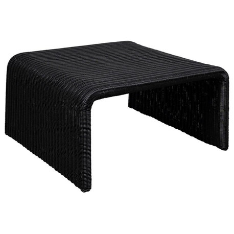 Pemberly Row Coastal Woven Rattan Square U-Shaped Coffee Table in Black