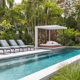 マイアミの長方形トロピカルスタイルのおしゃれなプール (天然石敷き) の写真