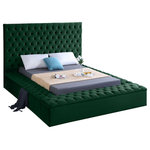 Meridian Furniture - Bliss Velvet Upholstered  Bed, Green, King - Extend elegance to the bedroom with this Bliss green velvet bed. This bed has a rich look, with deeply tufted upholstery along its upper platform perimeter and headboard, ensuring that it is a good fit in modern bedroom themes. Storage rails and footboard are included to ensure maximum versatility, and the bed comes with full slats, so you can use it without a box spring. The green velvet fabric used in its design makes it easy to integrate alongside other furnishings.
