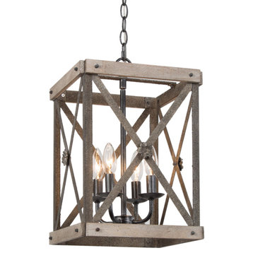 LNC Rustic 4-Light Square  Chandelier With Distressed Wood Accent