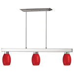 Z-Lite - Z-Lite 152BN-131RED Players 3 Light Billiard in Brushed Nickel - Straight line and rectangular detailing defines the bold and contemporary look of this three light fixture. Circular red glass shades provide a splash of color, and telescoping rods ensure a perfect hanging height. This fixture would be the perfect addition to a kitchen, a game room, or anywhere else in the home.