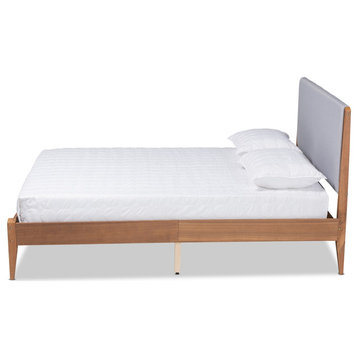 Mid-Century Modern Grey Fabric Upholestred Wood Full Size Platform Bed