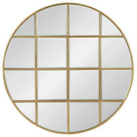 Denault Round Windowpane Wall Mirror, Gold 30" Diameter
