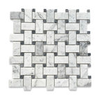 Basketweave Carrara White Marble Mosaic Tile Dark Grey Dots Polished, 1 sheet