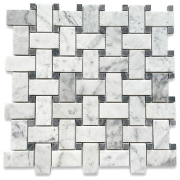 Basketweave Carrara White Marble Mosaic Tile Dark Grey Dots Polished, 1 sheet