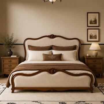 Solid Teak Wood Upholstered Bed Frame | French Provincial Bedroom Furniture