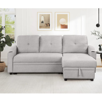 Convertible Sectional Sleeper Sofa, Linen Upholstery & Side Cupholders, Gray