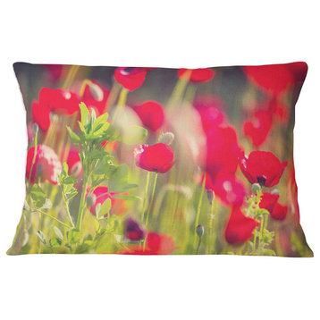 Red Poppies on Green Background Flower Throw Pillow, 12"x20"