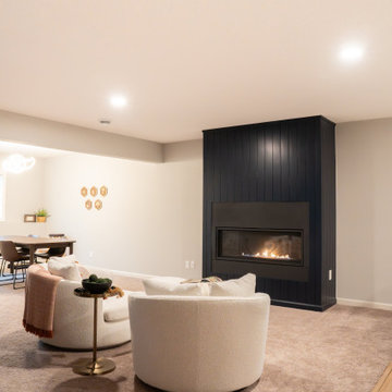 Bold Basement Finish — Linear Gas Fireplace, Wet Bar & Cafe Appliance Suite