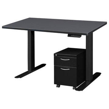 Modern Power Desk, Adjustable Height and Mobile File Cabinet, Grey/Black