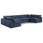 Meridian Furniture - Comfy Upholstered U-Shaped Modular Sectional, Navy, 6-Piece: 4 Armless Chair, 2 Corner Chair, Linen Textured Fabric - Give your space a whole new look with this navy Comfy linen textured fabric sectional. This handsome sectional fits nicely with other items in the Comfy collection and is a versatile seating option designed for adaptability, comfort and style. Wrapped in rich navy durable linen textured fabric upholstery, this sectional offers a plush embrace of overstuffed down feather cushions, carefully crafted to deliver the highest level of comfort. The perfect seat for creating an oasis for relaxation, this sectional has thick foam surrounding its frame for added support and coziness.