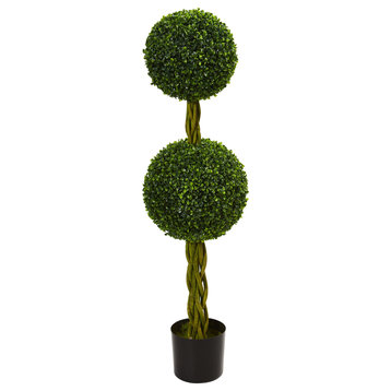 4" Boxwood Double Artificial Topiary Tree with Woven Trunk, Indoor/Outdoor