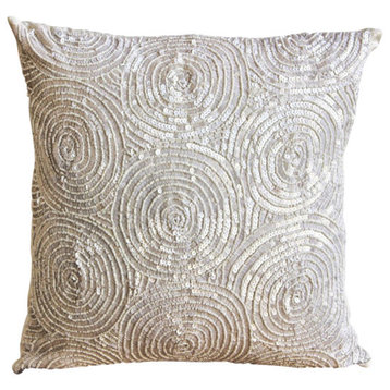 Spiral Sequins Ivory Euro Pillow Covers, Art Silk 26x26 Euro Sham, Ivory Swirls