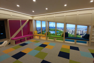 Imagen de dormitorio infantil de 4 a 10 años moderno extra grande con paredes blancas, moqueta, suelo multicolor y panelado