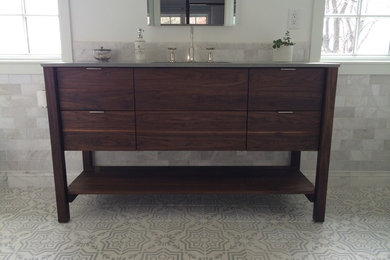 Bathroom - large modern master bathroom idea in Baltimore with beaded inset cabinets, dark wood cabinets and concrete countertops