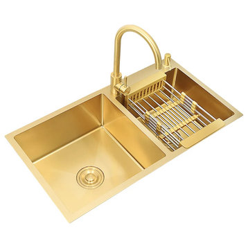 Stainless Steel Kitchen Sink Double Bowls Drop-In Sink with Drain and Overflow, Gold