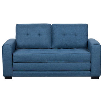 Contemporary Sleeper Sofa, Linen Seat With Elegant Square Tufting, Ocean Blue