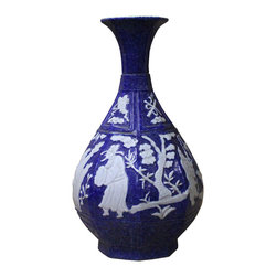Handmade Ceramic Blue White Dimensional Pattern Vase Jar - Vases