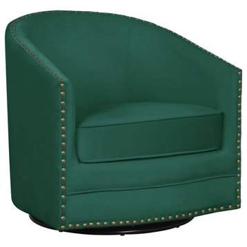 Swiveling Accent Chair, Barrel Shaped Seat Seat With Nailhead Accents, Green