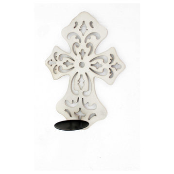15.5" x 5" x 11" White Wooden Cross Candle Holder Sconce