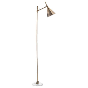 Mid Century Modern Minimalist Brass Gold Arm Floor Lamp 64 in White Marble Cone