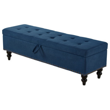 Gewnee 59" Fabric Button-Tufted Storage Ottoman Bench, Blue