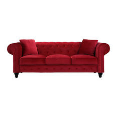 Red Velvet Tufted Sofas Houzz Traditional Velvet Upholstered Chesterfield Sofa With Accent Pillows Red