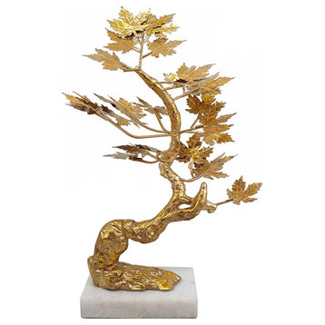Benzara BM285580 17" Maple Tree Accent Decor With Leaves, Marble Base, Gold