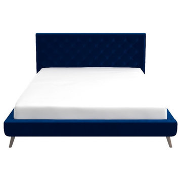 Alice Mid Century Modern Blue Velvet Upholstered King Platform Bed