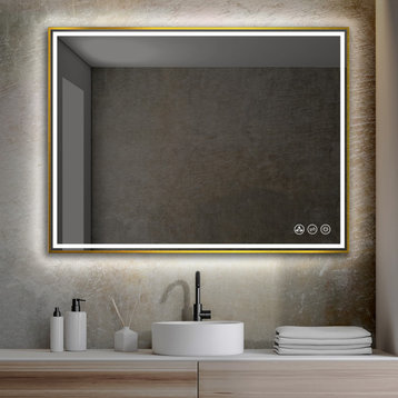 Fogless, Dimmable, Color Temperature Adjustable LED Mirror, Brush Gold, 48x36