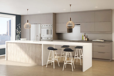 Inspiration for a large modern single-wall light wood floor and brown floor open concept kitchen remodel in Montreal with an undermount sink, flat-panel cabinets, beige cabinets, quartz countertops, metallic backsplash, metal backsplash, stainless steel appliances and an island