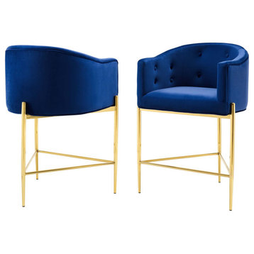 Tufted Counter Stool Chair, Set of 2, Velvet, Metal, Blue Navy, Modern, Bar Pub