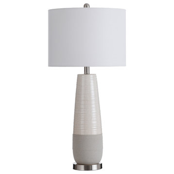 Slightly Tapered Two Tone Round Ceramic Lamp, Brushed Silver Base