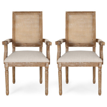 Zentner Wood and Cane Upholstered Dining Chair, Beige + Natural, Set of 2