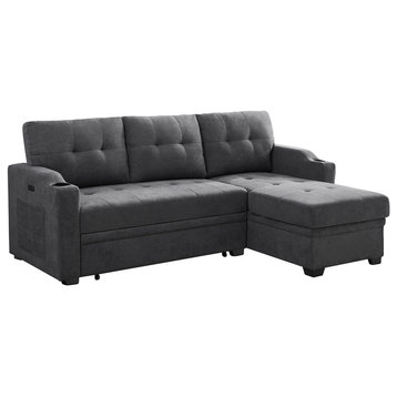 Mabel Fabric Sleeper Sectional With Cupholder, USB and Pocket, Dark Gray, Woven