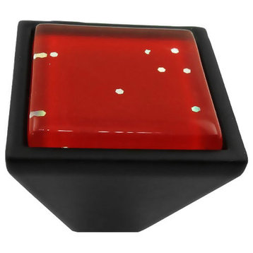 Red Iridescent Dots Crystal Glass Black Metal Square Frustum Knob