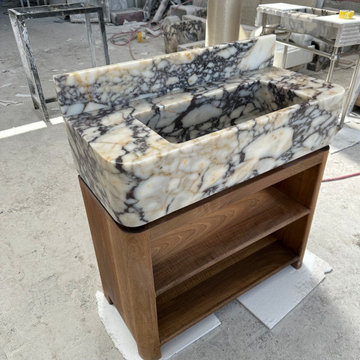 Custom Calacatta Viola Marble Sink with Walnut Vanity