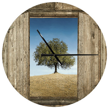 Window Open To Solitary Tree Oversized Farmhouse Metal Clock, 23x23